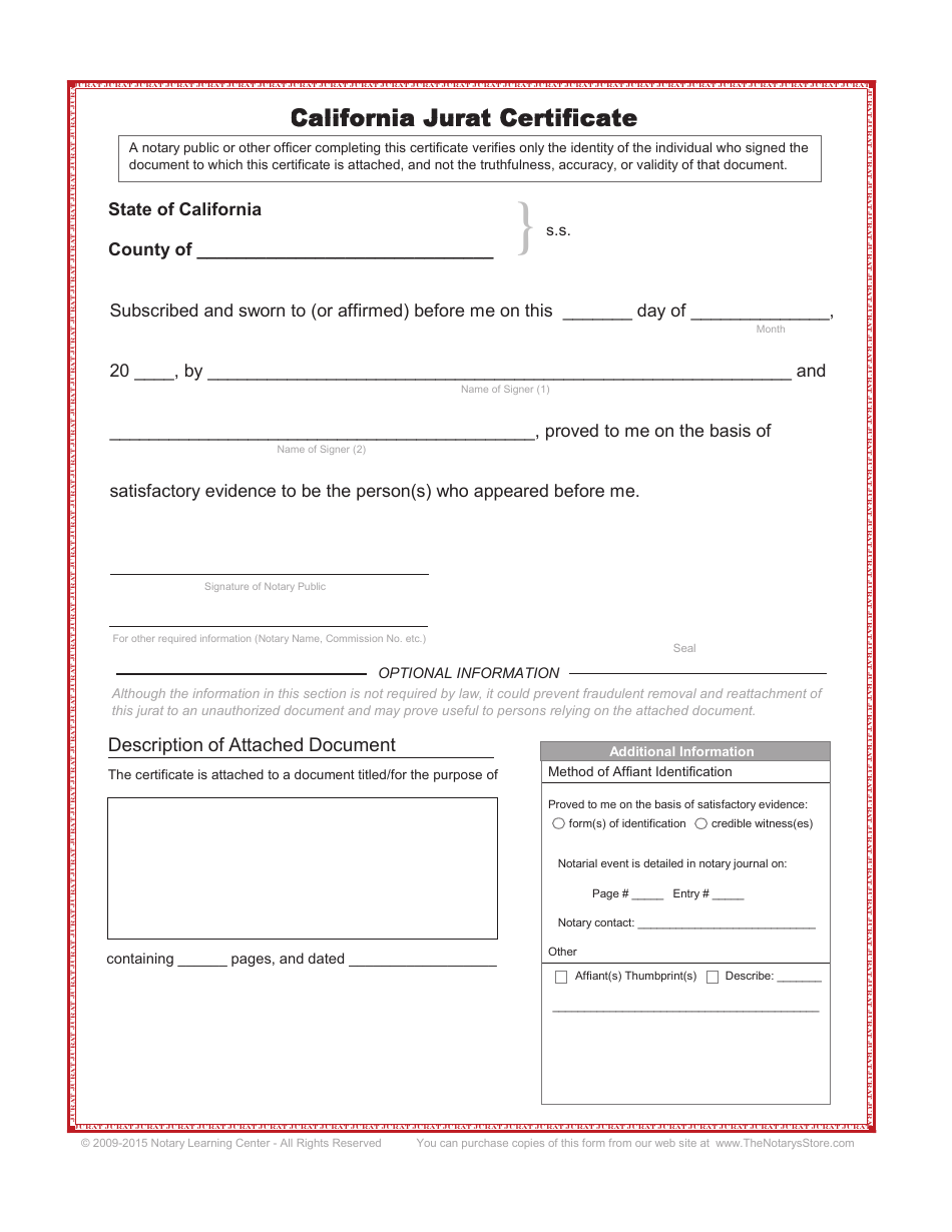 Jurat Certificate Template - California, Page 1