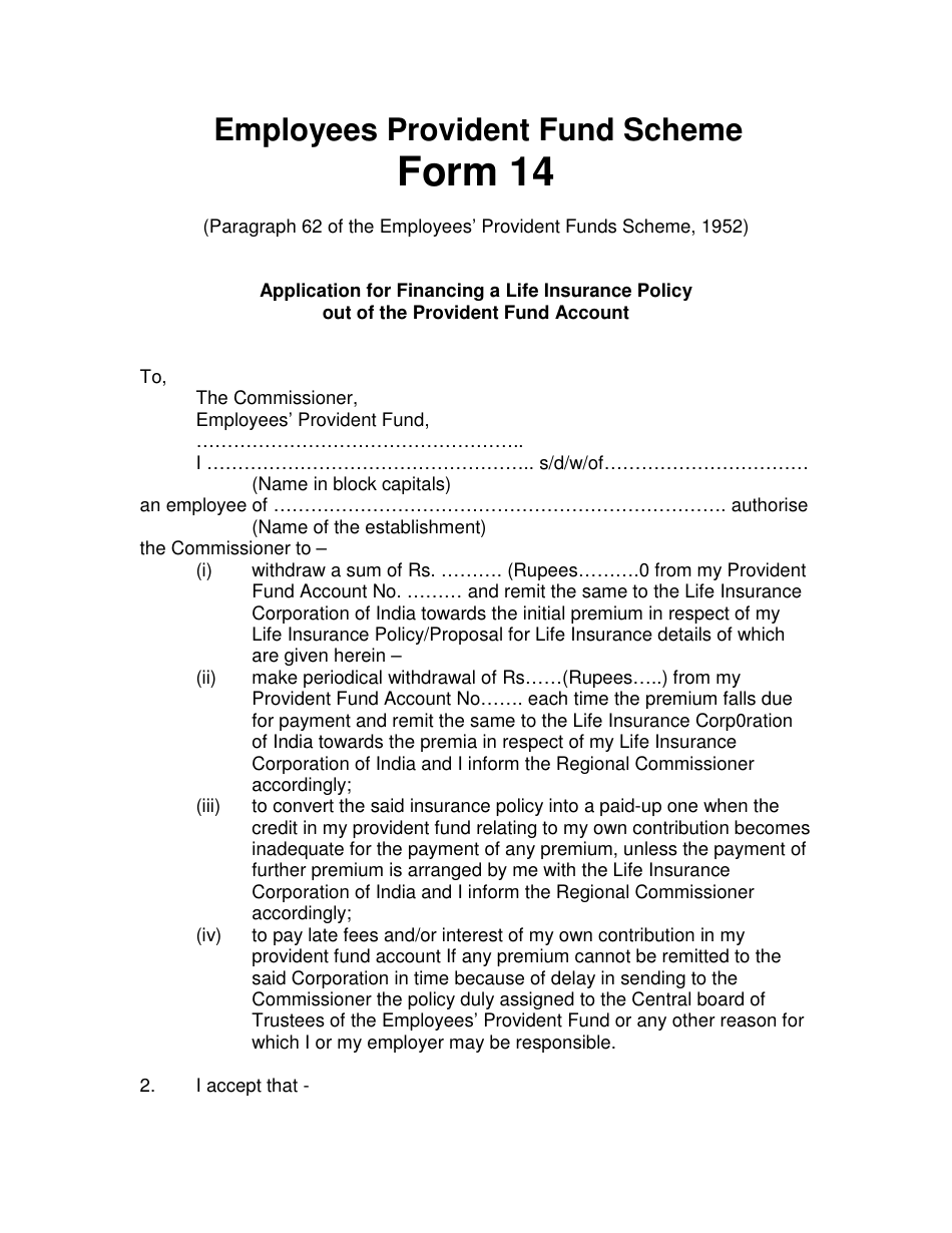 Form 14 Application for Financing a Life Insurance Policy out of the Provident Fund Account - India, Page 1