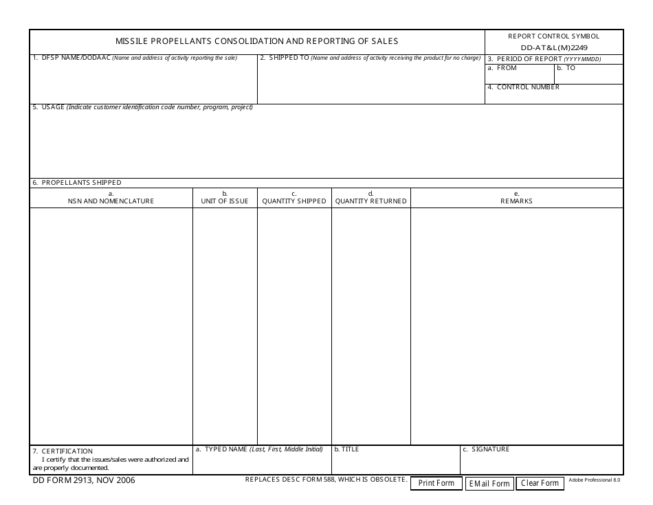 DD Form 2913 Missile Propellants Consolidation and Reporting of Sales, Page 1