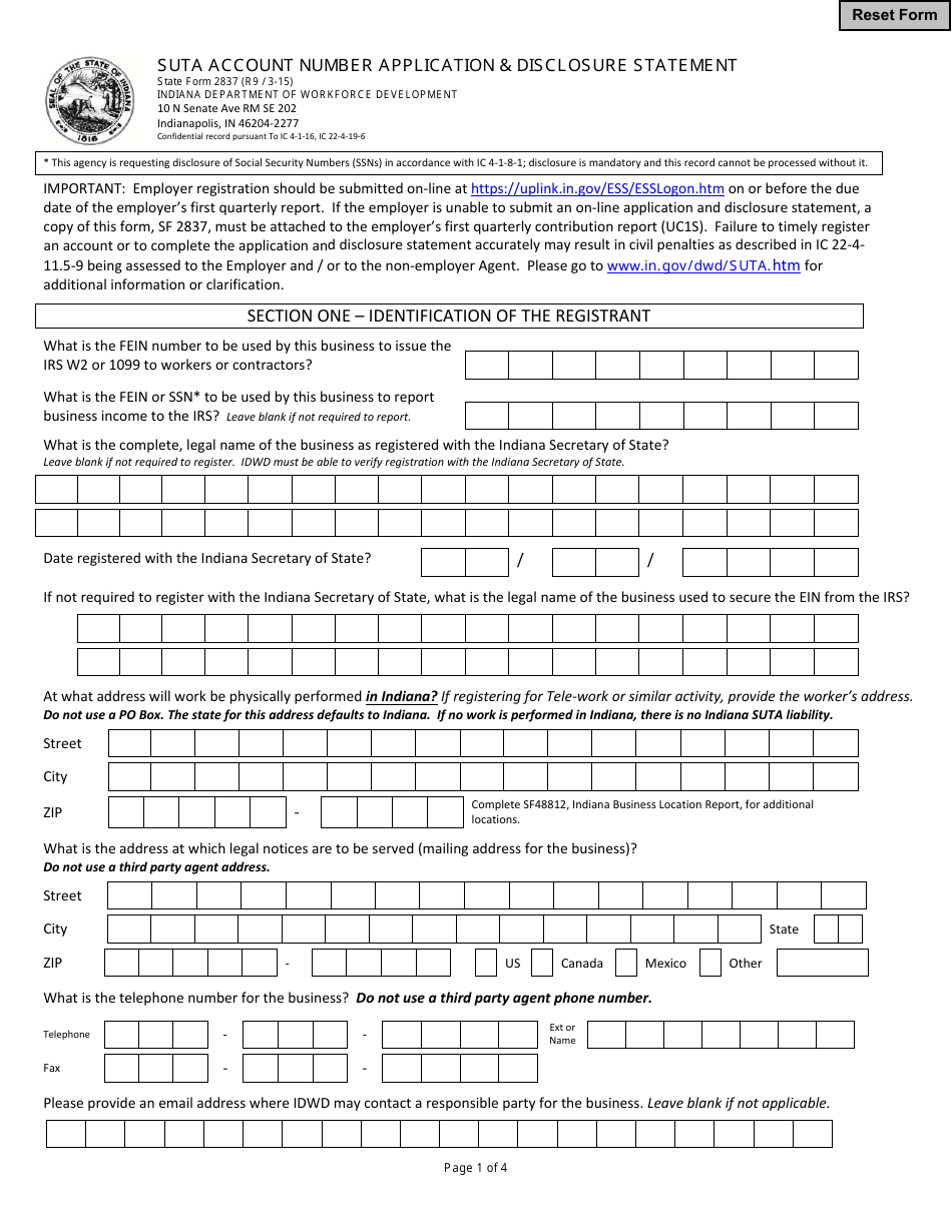 State Form 2837 Suta Account Number Application  Disclosure Statement - Indiana, Page 1