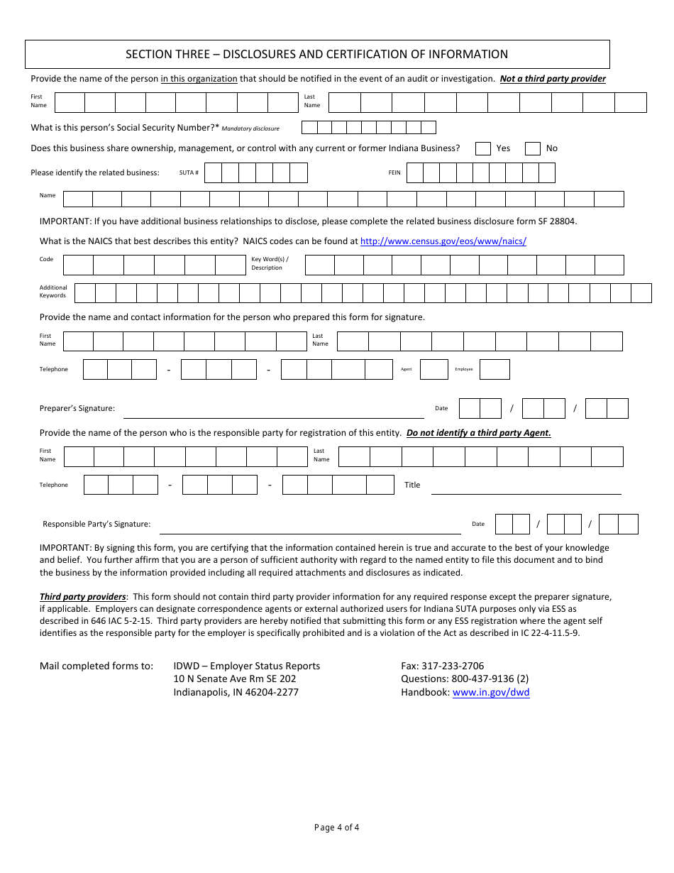 State Form 2837 Suta Account Number Application  Disclosure Statement - Indiana, Page 4