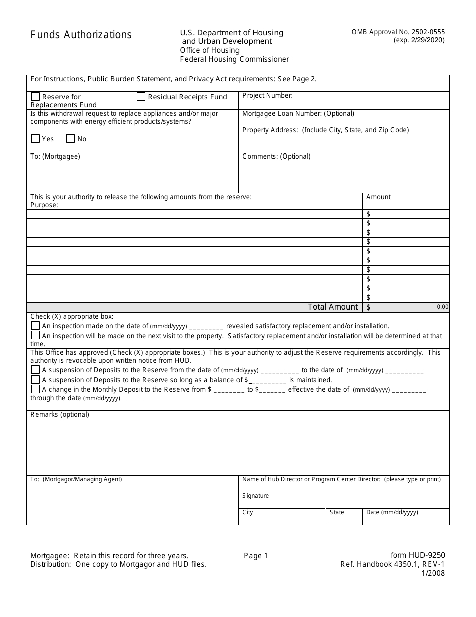Form HUD-9250 Funds Authorizations, Page 1