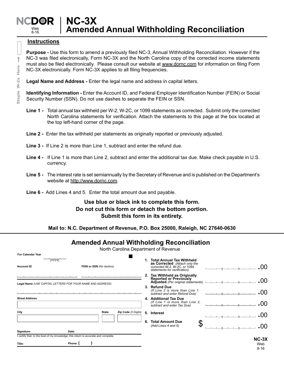 Form NC-3X Amended Annual Withholding Reconciliation - North Carolina, Page 1