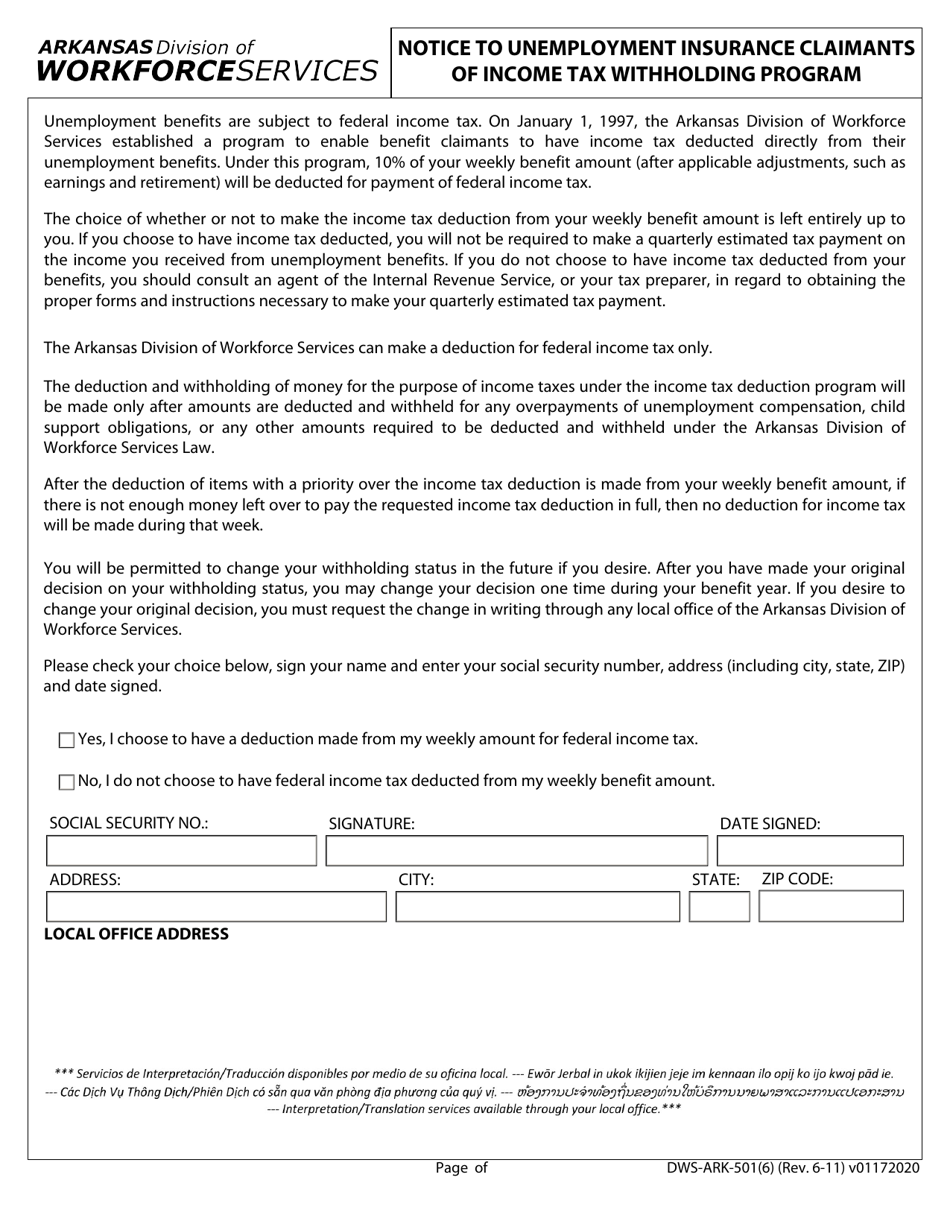 Form DWS-ARK-501(6) Notice to Unemployment Insurance Claimants of Income Tax Withholding Program - Arkansas, Page 1