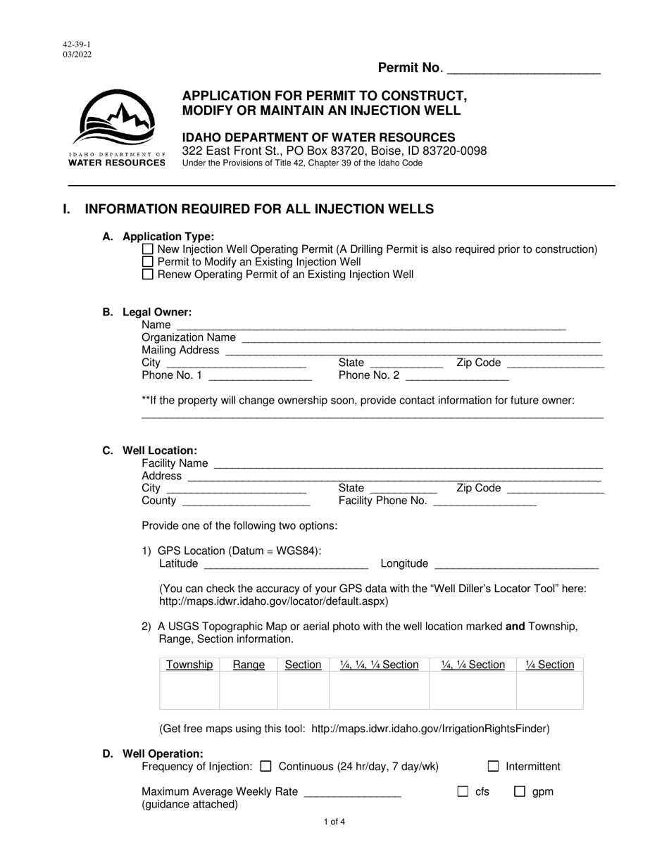 Form 42-39-1 Application for Permit to Construct, Modify or Maintain an Injection Well - Idaho, Page 1