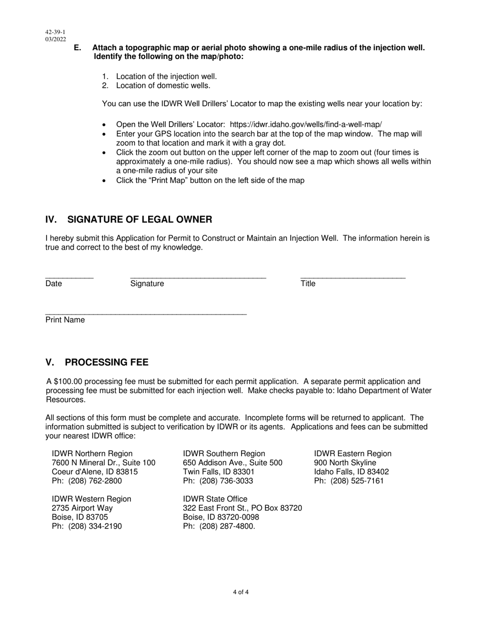 Form 42-39-1 Application for Permit to Construct, Modify or Maintain an Injection Well - Idaho, Page 4