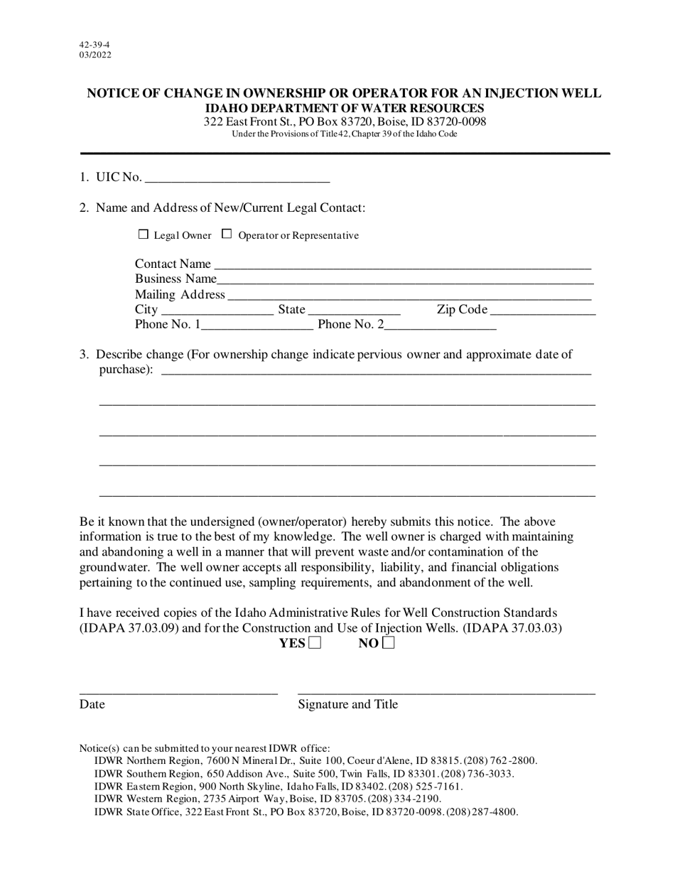 Form 42-39-4 Notice of Change in Ownership or Operator for an Injection Well - Idaho, Page 1