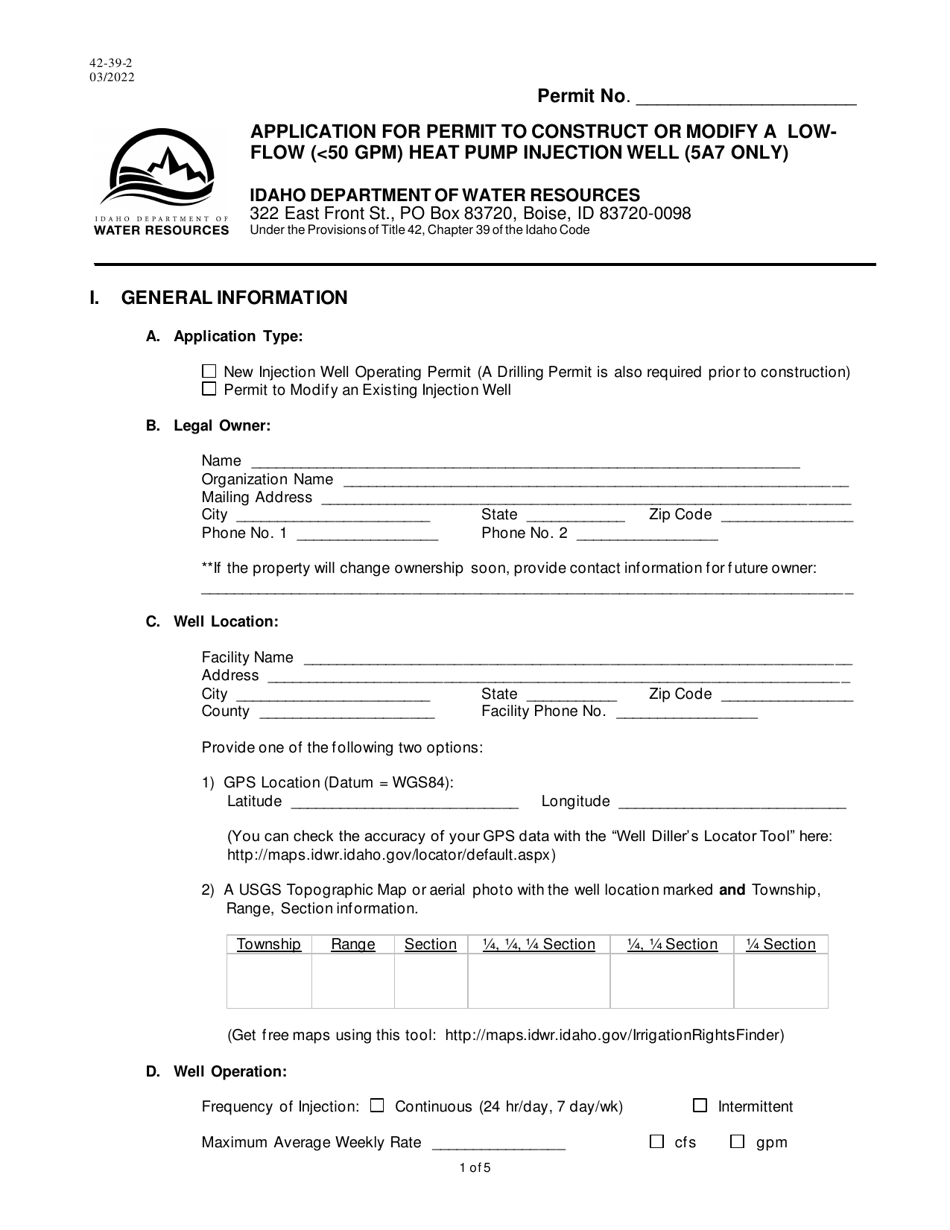 Form 42-39-2 Application for Permit to Construct or Modify a Lowflow ( 50 Gpm) Heat Pump Injection Well (5a7 Only) - Idaho, Page 1