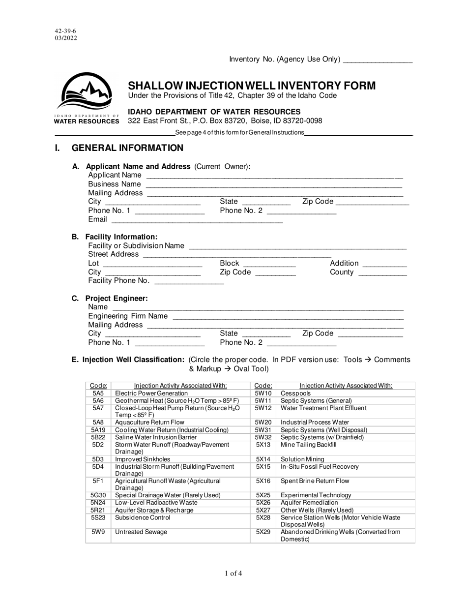 Form 42-39-6 Shallow Injection Well Inventory Form - Idaho, Page 1