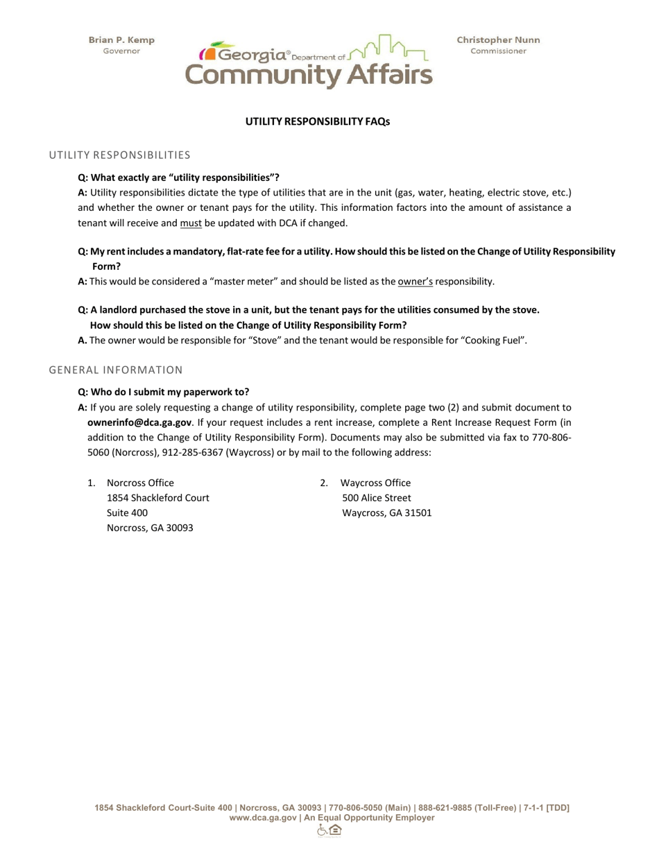 Change of Utility Responsibility Form - Georgia (United States), Page 1