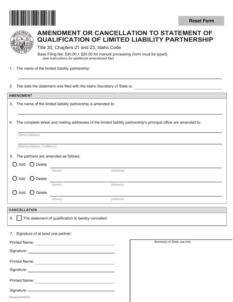 Amendment or Cancellation to Statement of Qualification of Limited Liability Partnership - Idaho, Page 1