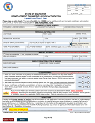Form RLL-01A Reinstatement Paramedic License Application - Lapsed Less Than 1 Year - California