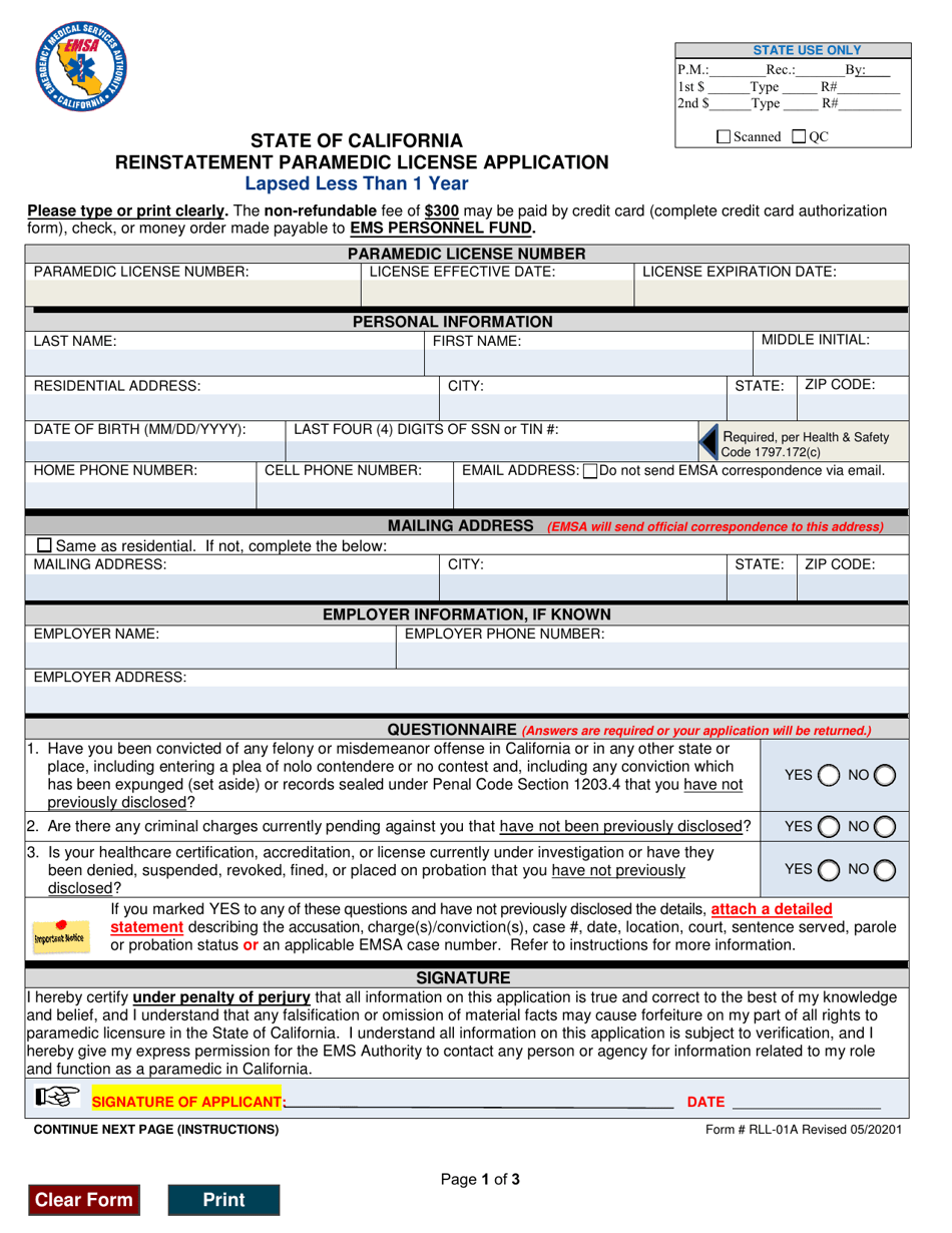Form RLL-01A Reinstatement Paramedic License Application - Lapsed Less Than 1 Year - California, Page 1