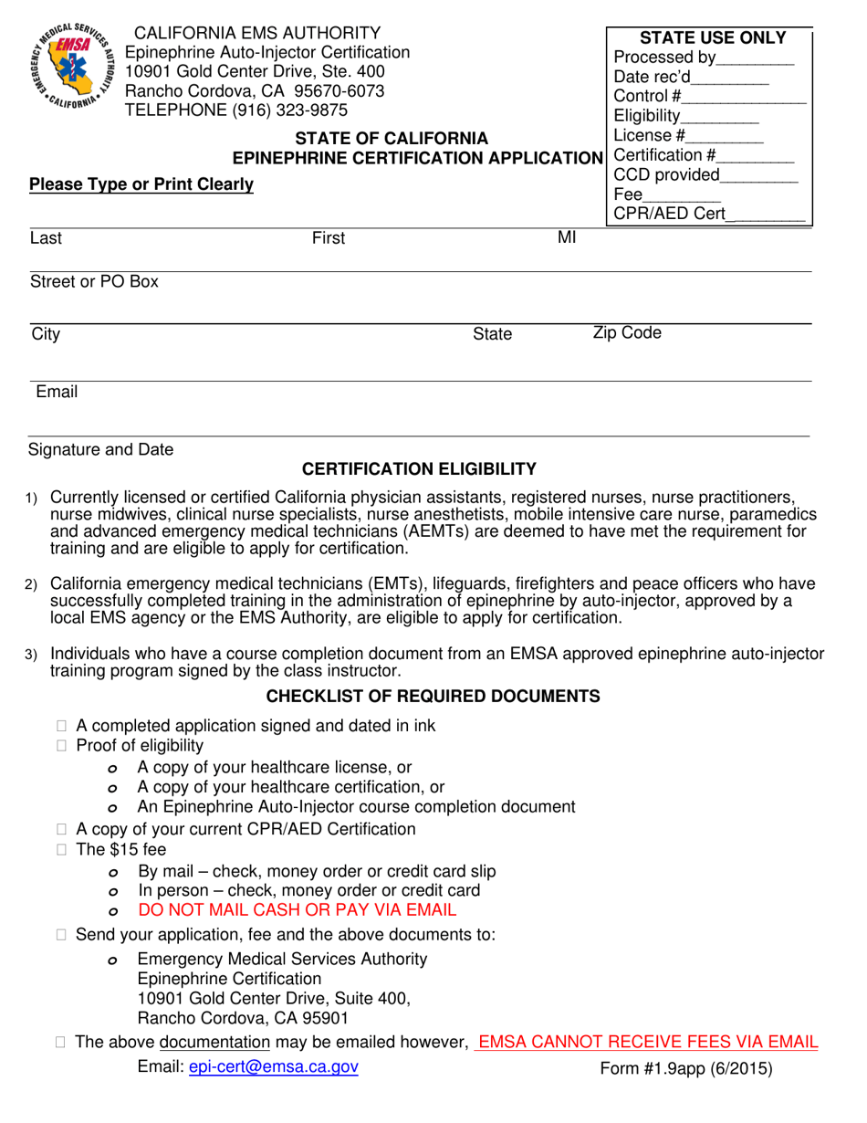 Form 1.9APP Epinephrine Certification Application - California, Page 1