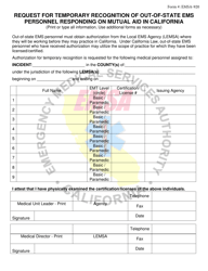 Document preview: Form EMSA-920 Request for Temporary Recognition of Out-of-State EMS Personnel Responding on Mutual Aid in California - California