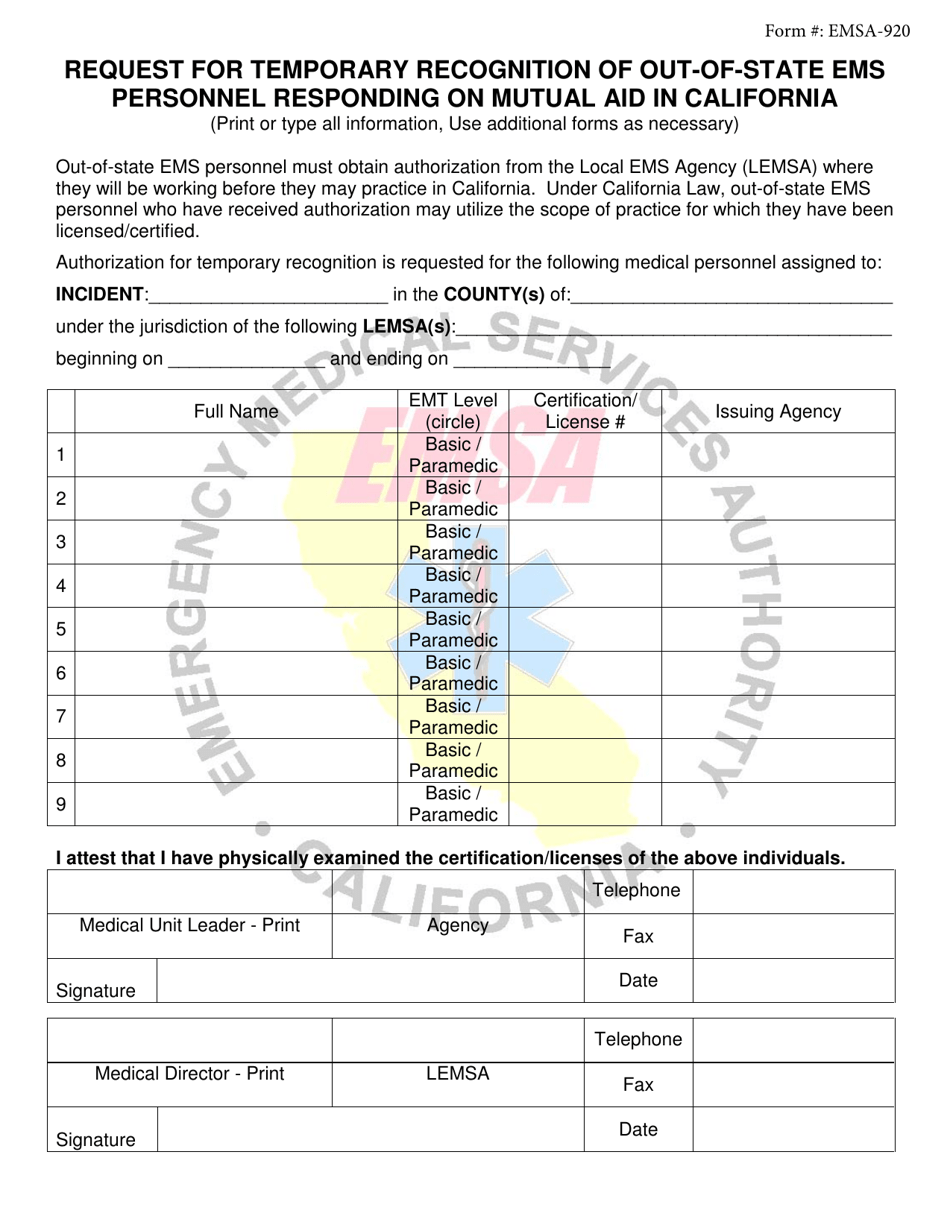 Form EMSA-920 Request for Temporary Recognition of Out-of-State EMS Personnel Responding on Mutual Aid in California - California, Page 1