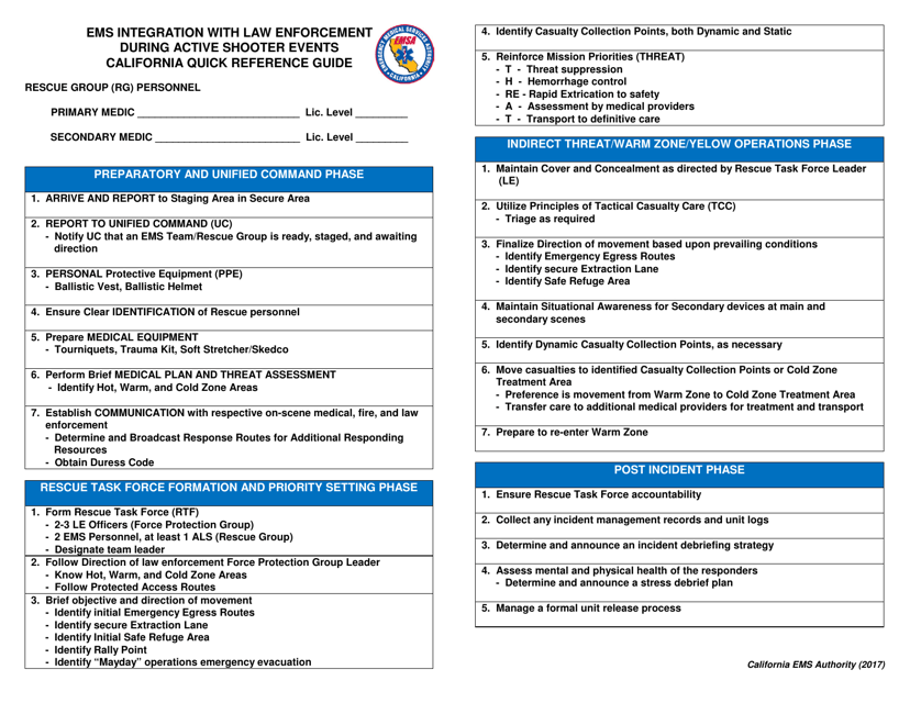 EMS Integration With Law Enforcement During Active Shooter Events California Quick Reference Guide - California