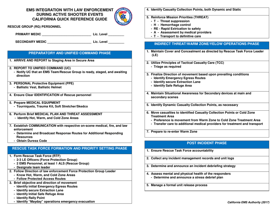 EMS Integration With Law Enforcement During Active Shooter Events California Quick Reference Guide - California, Page 1