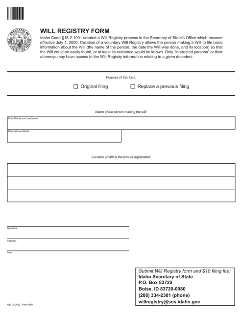 Form WR1 Will Registry Form - Idaho