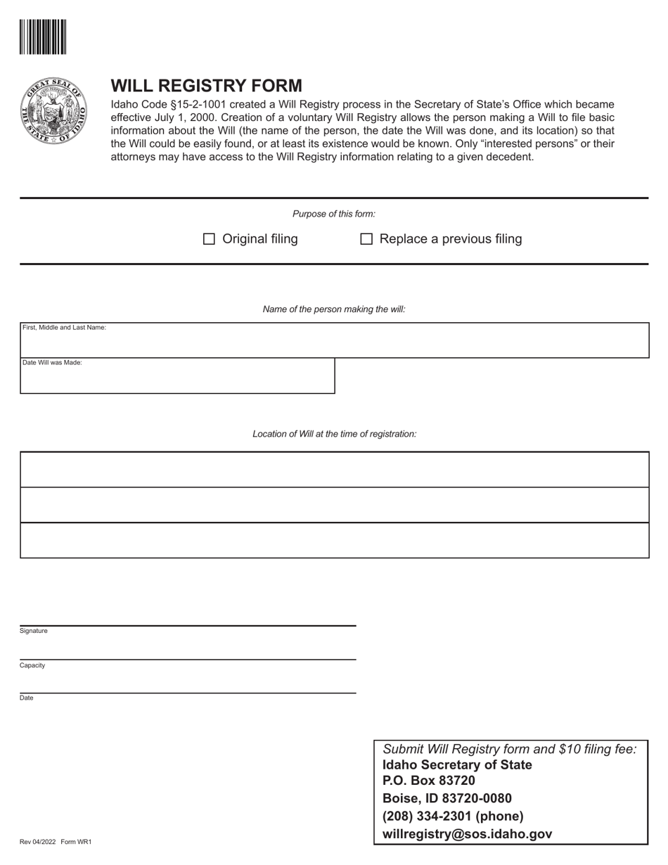 Form WR1 Will Registry Form - Idaho, Page 1