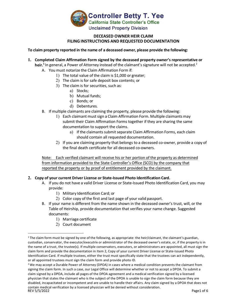 Deceased Owner Heir Claim Filing Instructions and Requested Documentation - California, Page 1