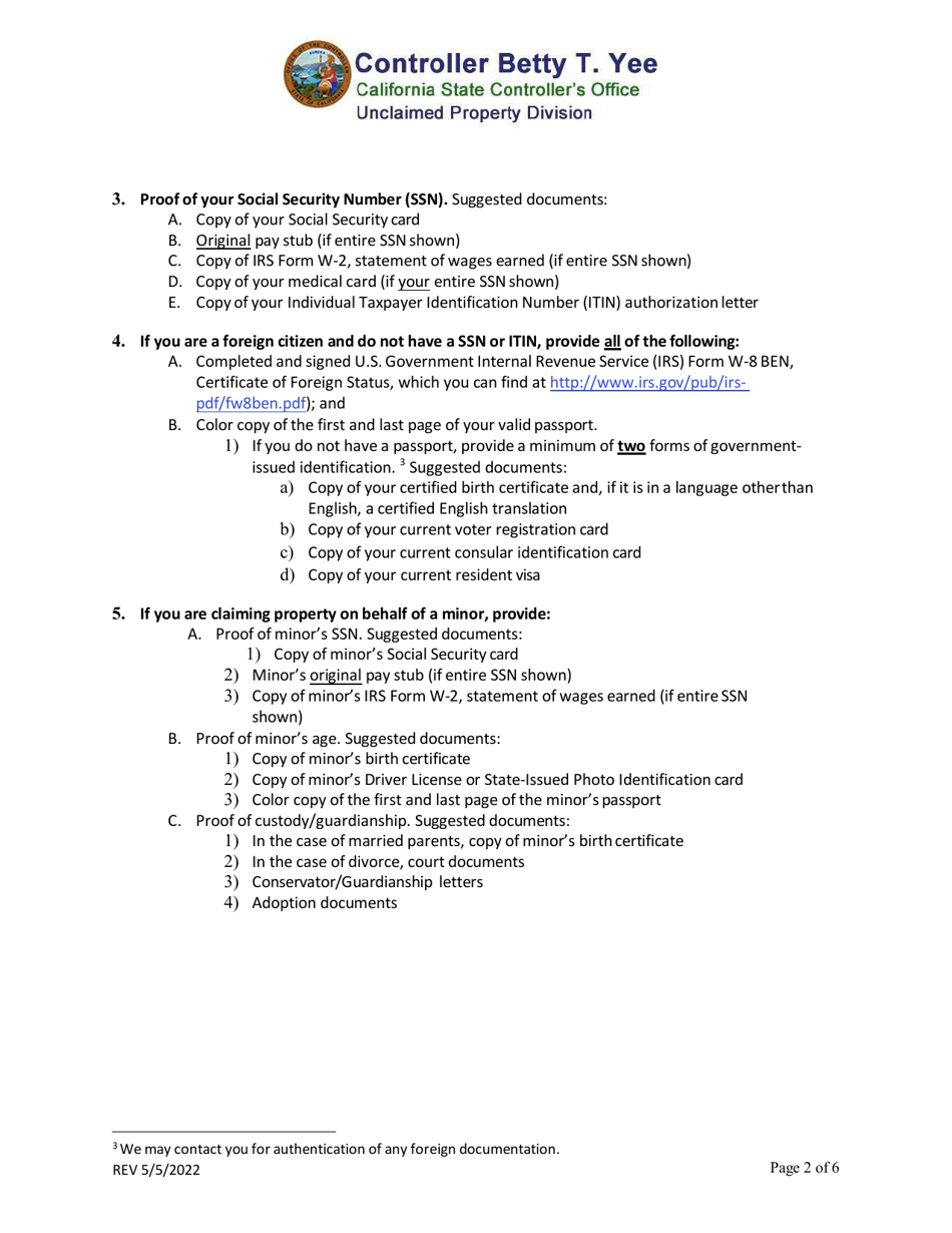 Deceased Owner Heir Claim Filing Instructions and Requested Documentation - California, Page 2