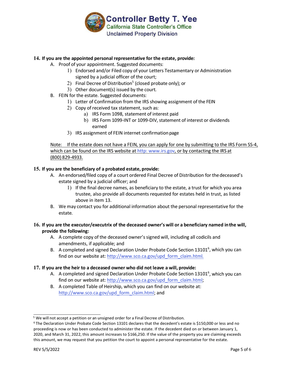 Deceased Owner Heir Claim Filing Instructions and Requested Documentation - California, Page 5