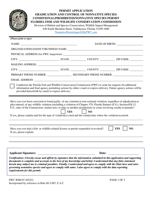 FWC Form WIM07 Permit Application - Eradication and Control of Nonnative Species Conditional/Prohibited/Nonnative Species Permit - Florida