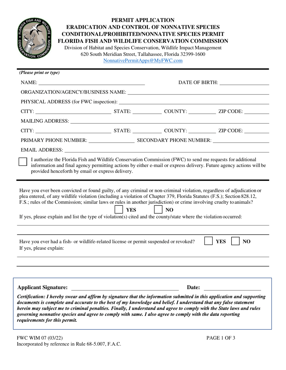 FWC Form WIM07 Permit Application - Eradication and Control of Nonnative Species Conditional / Prohibited / Nonnative Species Permit - Florida, Page 1
