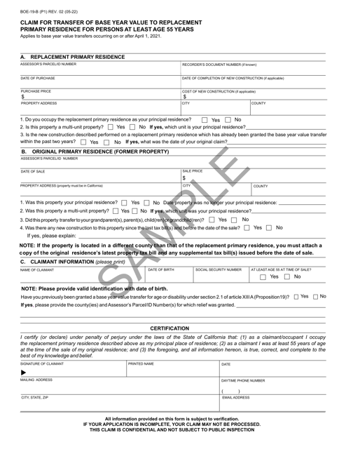 Form BOE-19-B Claim for Transfer of Base Year Value to Replacement Primary Residence for Persons at Least Age 55 Years - Sample - California