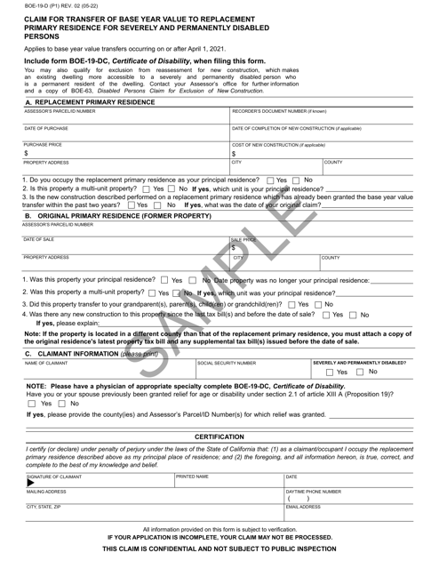 Form BOE-19-D Claim for Transfer of Base Year Value to Replacement Primary Residence for Severely and Permanently Disabled Persons - Sample - California