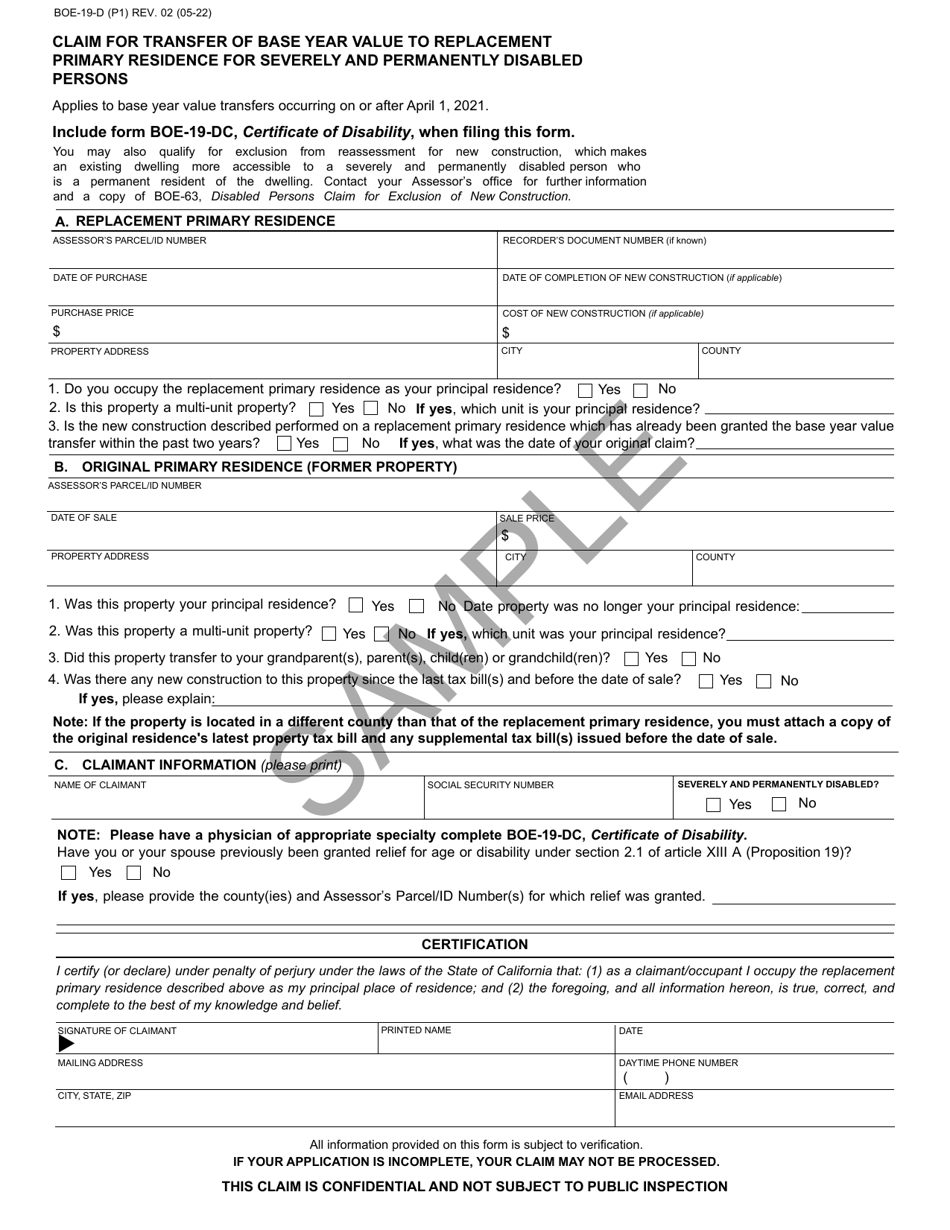Form BOE-19-D Claim for Transfer of Base Year Value to Replacement Primary Residence for Severely and Permanently Disabled Persons - Sample - California, Page 1