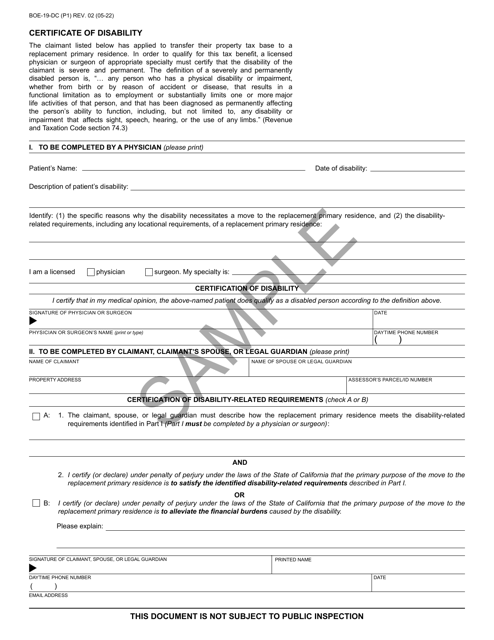 Form BOE-19-DC Certificate of Disability - Sample - California