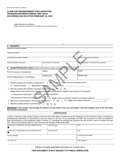 Form BOE-19-P Claim for Reassessment Exclusion for Transfer Between Parent and Child Occurring on or After February 16, 2021 - Sample - California
