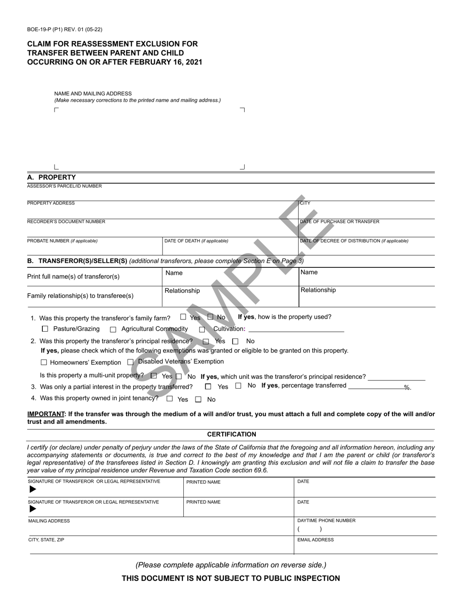 Form BOE-19-P Claim for Reassessment Exclusion for Transfer Between Parent and Child Occurring on or After February 16, 2021 - Sample - California, Page 1