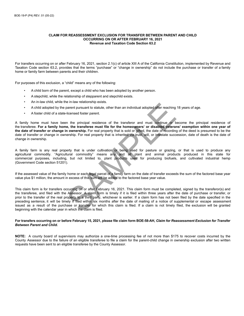 Form BOE-19-P Claim for Reassessment Exclusion for Transfer Between Parent and Child Occurring on or After February 16, 2021 - Sample - California, Page 4
