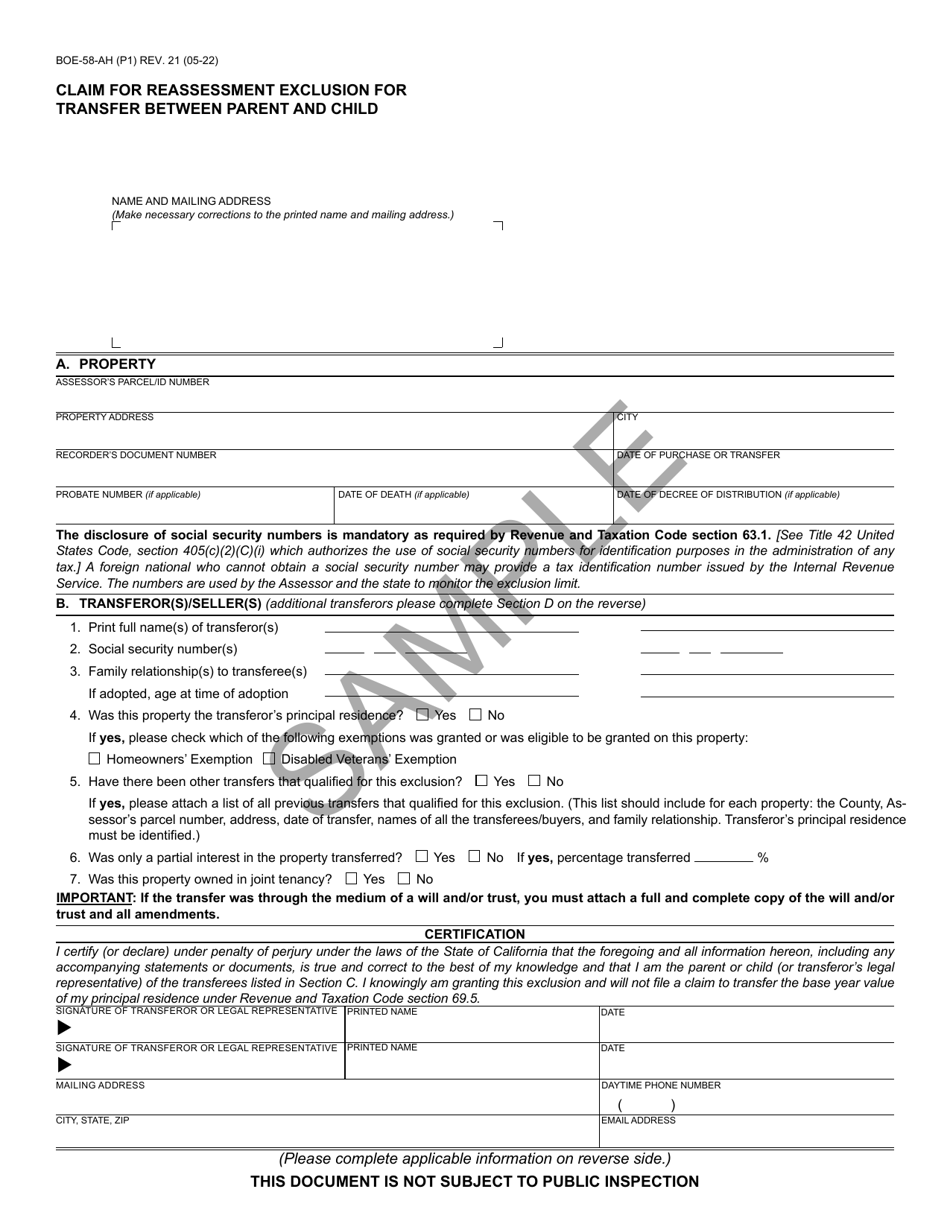 Form BOE-58-AH Claim for Reassessment Exclusion for Transfer Between Parent and Child - Sample - California, Page 1