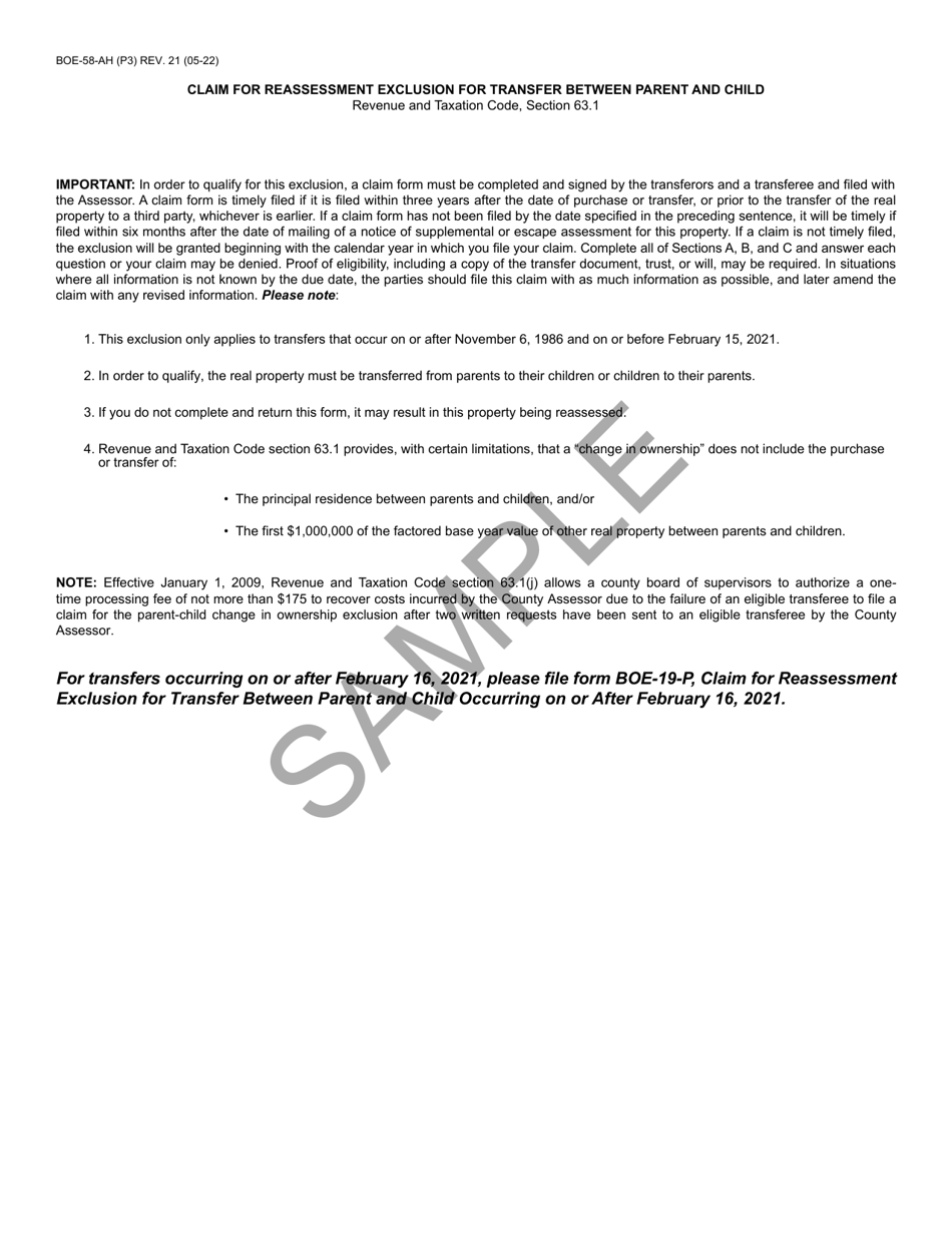 Form BOE-58-AH Claim for Reassessment Exclusion for Transfer Between Parent and Child - Sample - California, Page 3