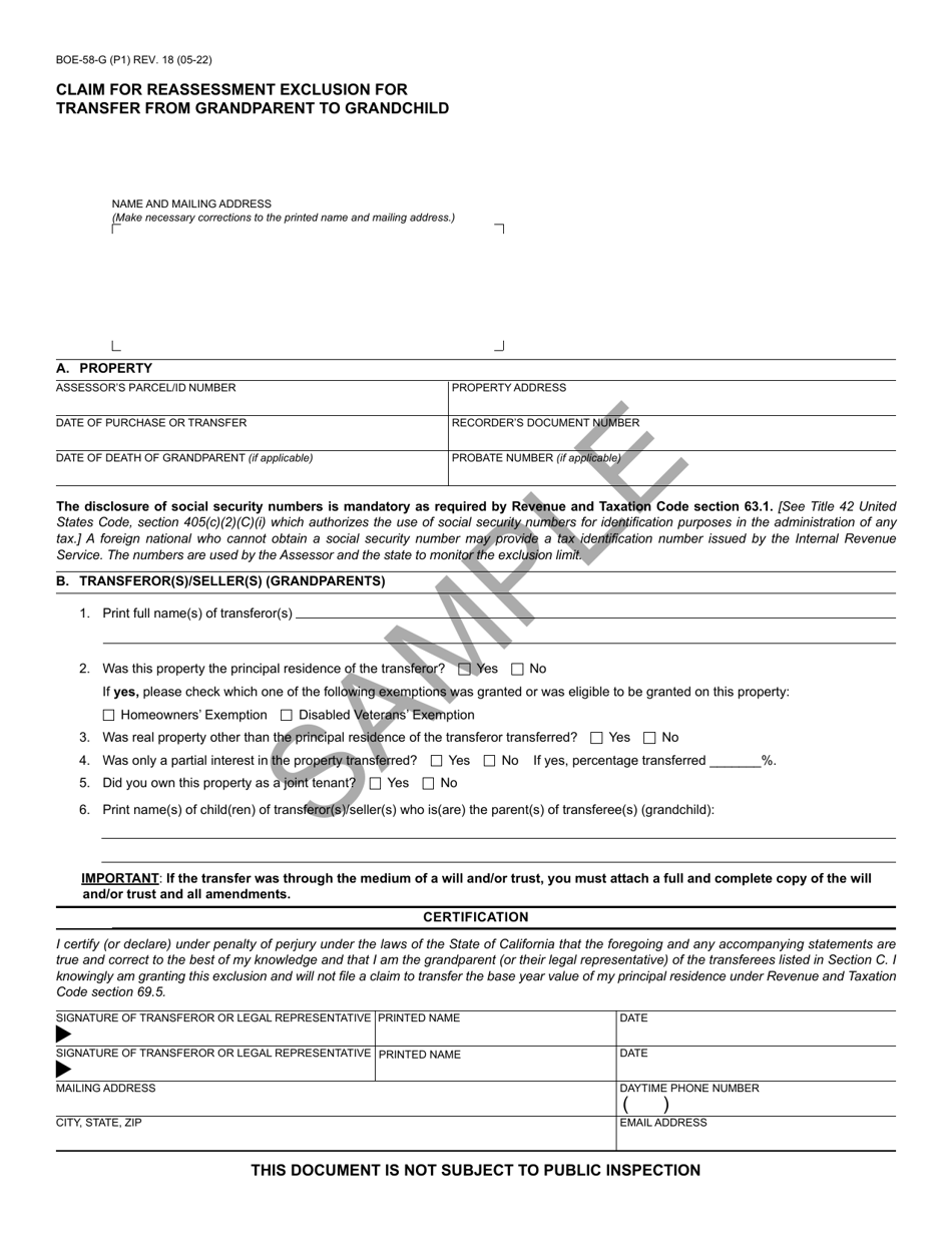 Form BOE-58-G Claim for Reassessment Exclusion for Transfer From Grandparent to Grandchild - Sample - California, Page 1
