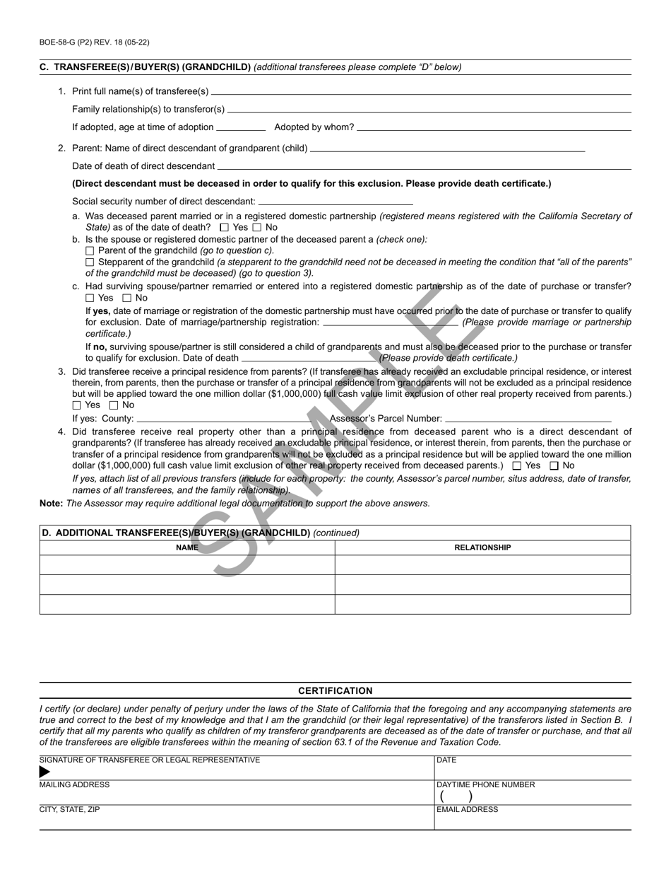 Form BOE-58-G Claim for Reassessment Exclusion for Transfer From Grandparent to Grandchild - Sample - California, Page 2