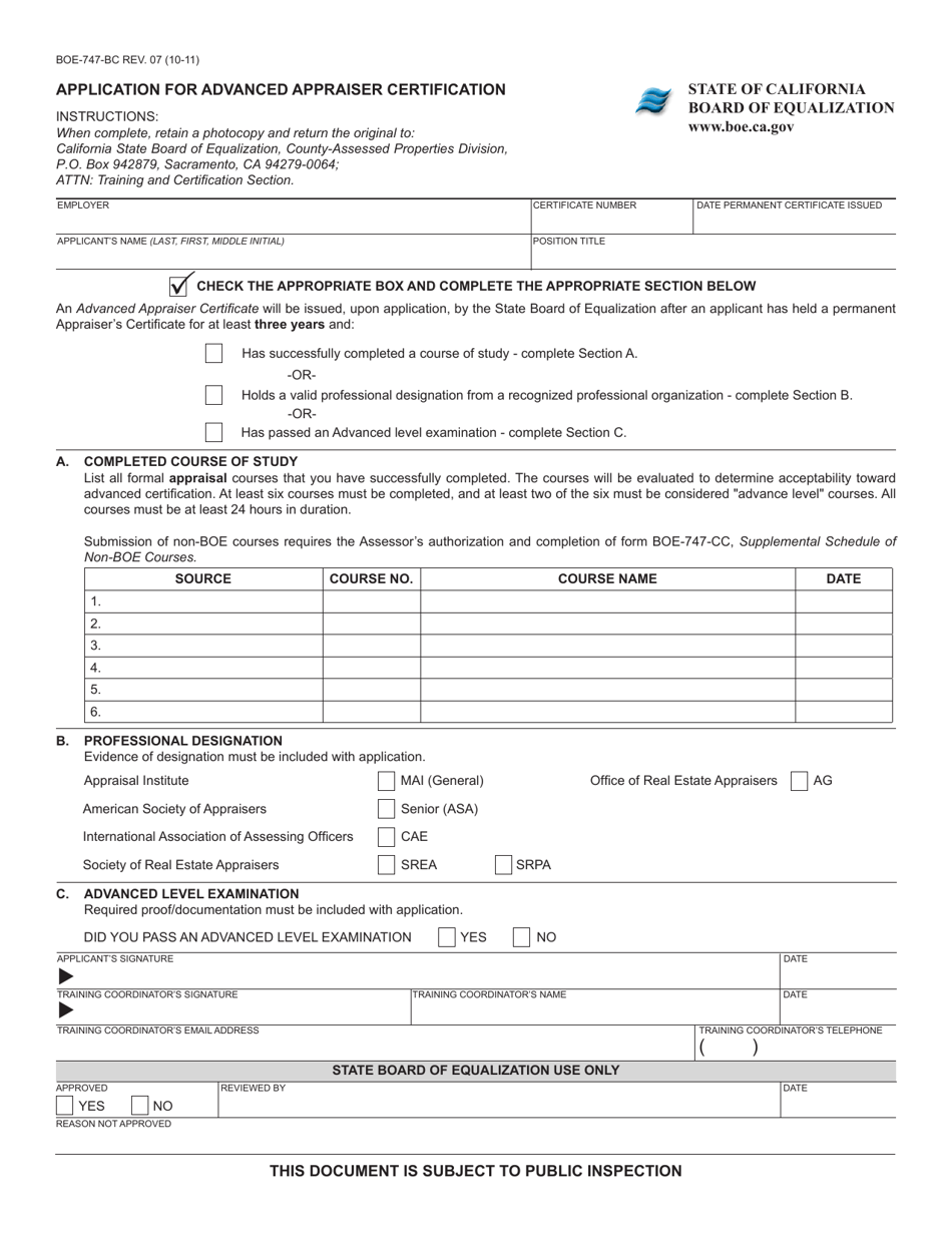 Form BOE-747-BC Application for Advanced Appraiser Certification - California, Page 1