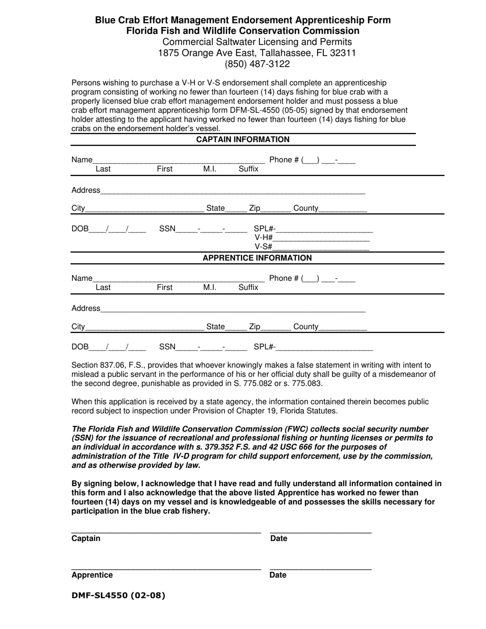 Form DMF-SL4550 Blue Crab Effort Management Endorsement Apprenticeship Form - Florida, Page 1