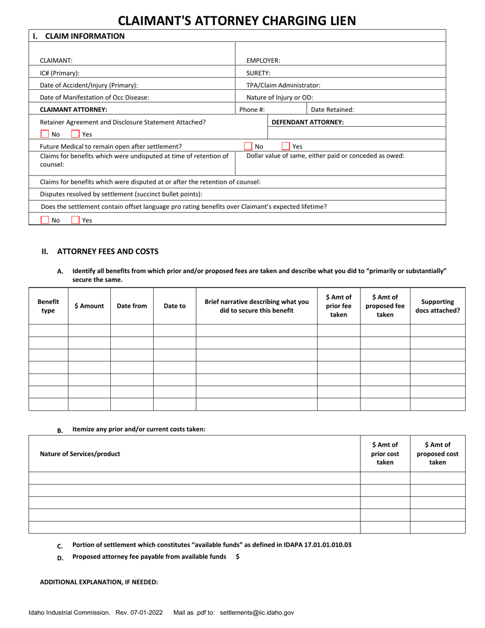 Idaho Claimant's Attorney Charging Lien Download Fillable PDF ...