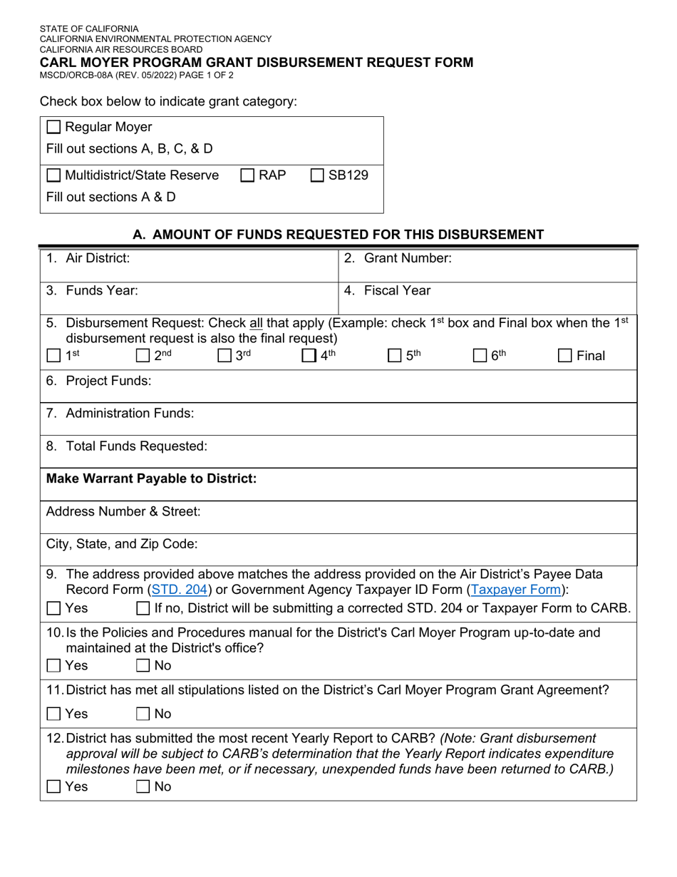 Form MSCD / ORCB-08A Carl Moyer Program Grant Disbursement Request Form - California, Page 1
