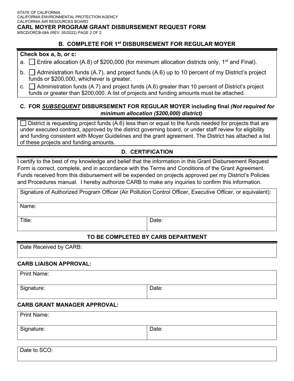 Form MSCD / ORCB-08A Carl Moyer Program Grant Disbursement Request Form - California, Page 2