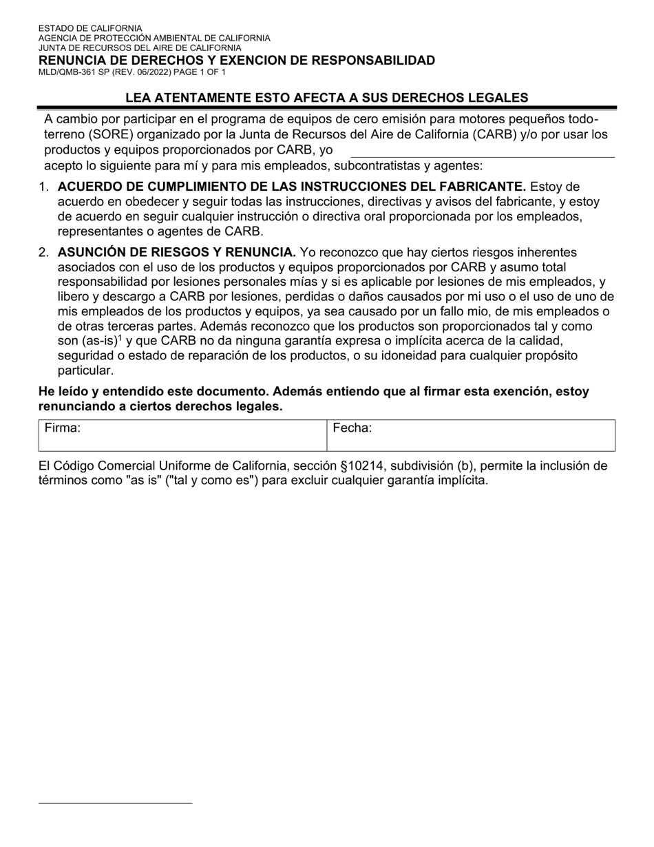 Formulario MLD / QMB-361 Renuncia De Derechos Y Exencion De Responsabilidad - California (Spanish), Page 1