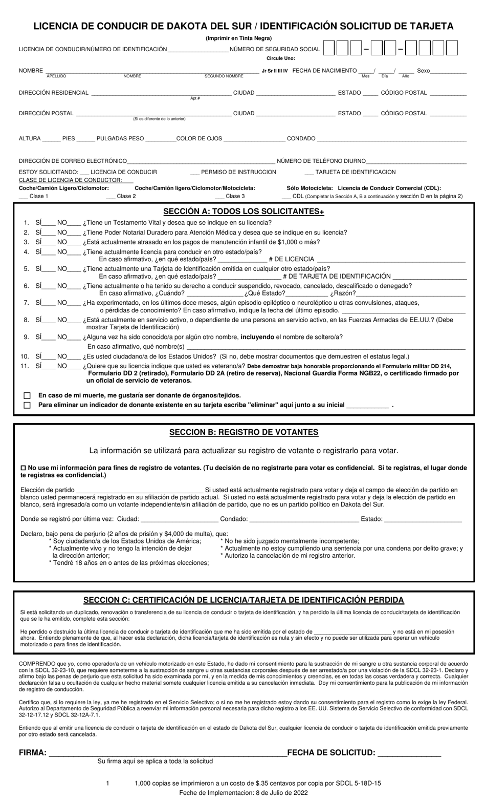 Licencia De Conducir De Dakota Del Sur / Identificacion Solicitud De Tarjeta - South Dakota (Spanish), Page 1