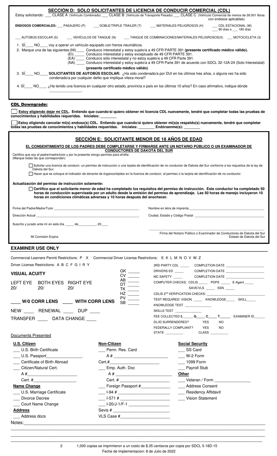 Licencia De Conducir De Dakota Del Sur / Identificacion Solicitud De Tarjeta - South Dakota (Spanish), Page 2