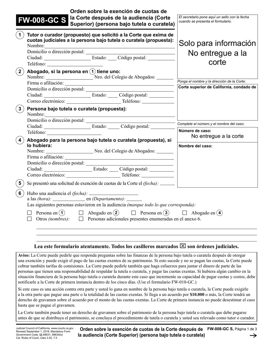 Formulario FW-008-GC Orden Sobre La Exencion De Cuotas De La Corte Despues De La Audiencia - California (Spanish), Page 1
