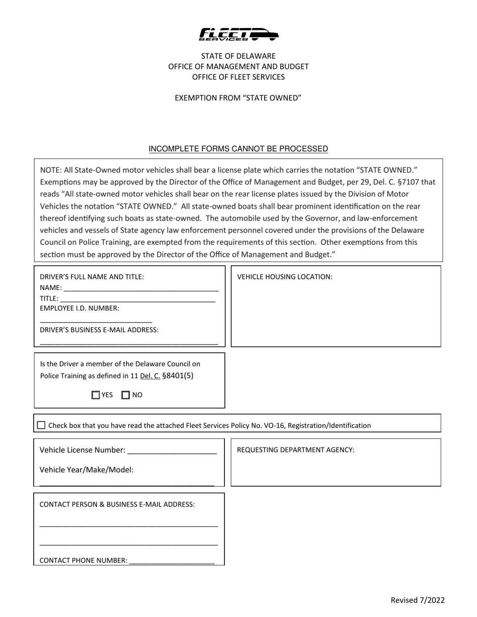 Delaware Exemption From State Owned License Plate Designation Fill